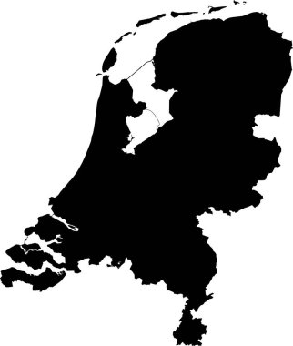 Siyah CMYK rengi, şeffaf arkaplan üzerinde Avrupa ülkesi NETHERLANDS 'ın ayrıntılı düz şablon haritası
