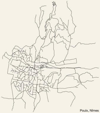 Fransa 'nın NMES kentinin POULX COMUNE haritasının ayrıntılı elle çizilmiş yol çizimleri ve sağlam arka planda isim etiketi