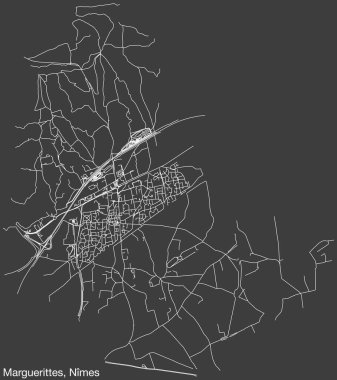 Fransa 'nın NMES kentindeki MARGUERES KOMUNE' un ayrıntılı el çizimi şehir yolları haritası ve sağlam arka planda isim etiketi