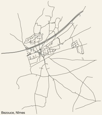 Fransa 'nın NMES kentinin BEZOUCE COMUNE haritasının ayrıntılı elle çizilmiş yol çizimleri ve sağlam arka planda isim etiketi