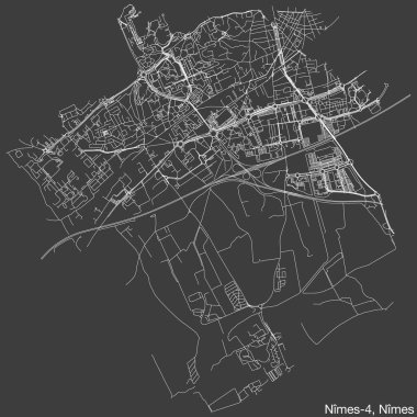 Fransa 'nın NMES kentinin NMES-4 CANTON kentsel yol haritasının ayrıntılı elle çizilmiş yol çizimleri ve sağlam arka planda isim etiketi