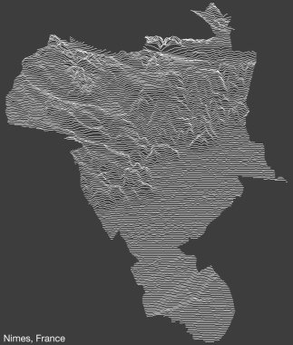 NMES, FRANCE 'ın topografik yardım haritası, sağlam çevre çizgileri ve klasik arka planda isim etiketi ile