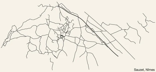 フランスのNmesのSauzet Communeの詳細な手描きのナビゲーション都市道路地図 鮮やかな道路ラインと固体背景に名札を持つフランス — ストックベクタ