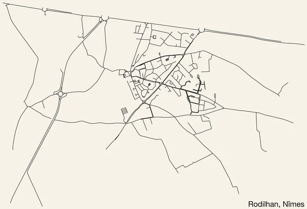 Detailed Hand Drawn Navigational Urban Street Roads Map Rodilhan Commune — Stock Vector