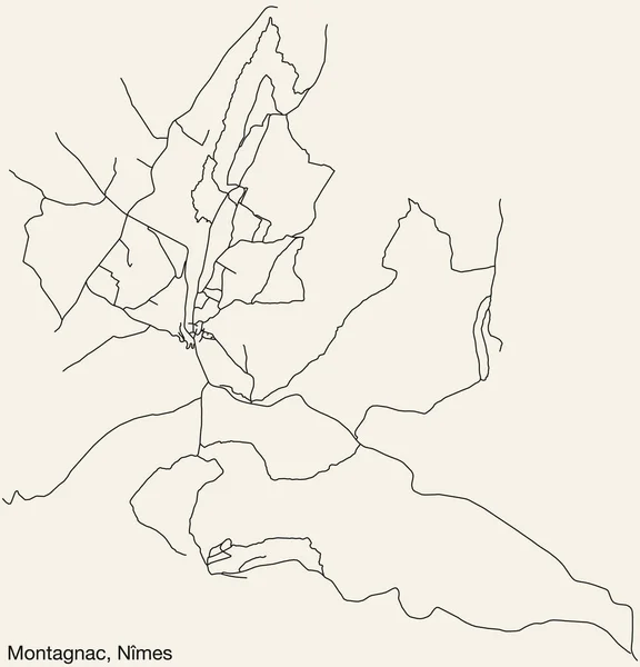 Detaillierte Handgezeichnete Straßenkarte Der Montagnac Commune Der Französischen Stadt Nmes — Stockvektor