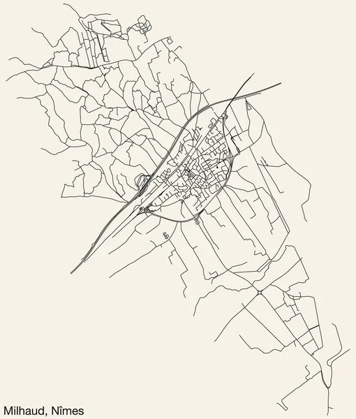 Detaillierte Handgezeichnete Straßenkarte Der Milhaud Commune Der Französischen Stadt Nmes — Stockvektor