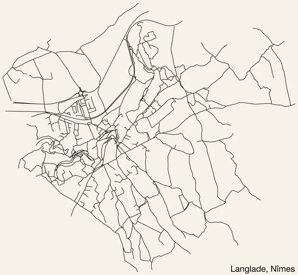 Mapa Detallado Carreteras Urbanas Navegación Dibujadas Mano Langlade Commune Ciudad — Vector de stock