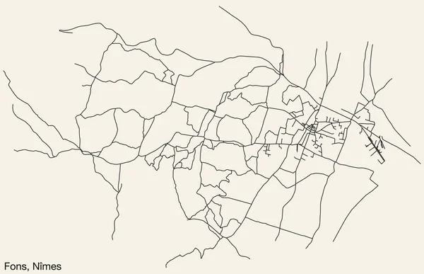 法国Nmes市Fons Commune的详细的手工绘制的导航城市街道路线图 具有鲜明的道路线条和坚实的背景标签 — 图库矢量图片