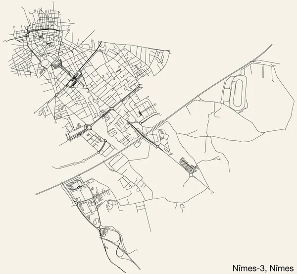 Detaillierte Handgezeichnete Stadtstraßennavigationskarte Des Nmes Canton Der Französischen Stadt Nmes — Stockvektor