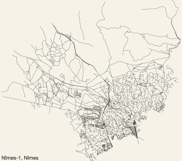 Szczegółowa Ręcznie Rysowana Nawigacyjna Mapa Ulic Miejskich Nmes Canton Francuskiego — Wektor stockowy