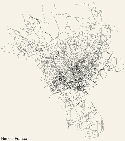 Detailní Ručně Kreslená Navigační Městská Mapa Ulic Francouzského Města Nmes — Stockový vektor
