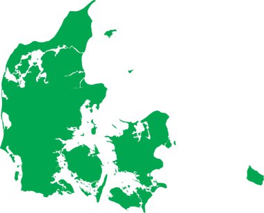 Avrupa ülkesi DENMARK 'ın şeffaf arkaplan üzerindeki yeşil CMYK rengi ayrıntılı düz şablon haritası