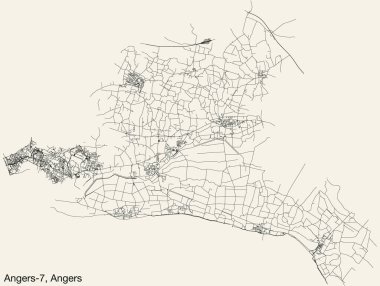 Fransa 'nın ANGERS kentinin ANGERS-7 CANTON haritasının ayrıntılı elle çizilmiş yol çizimleri ve sağlam arka planda isim etiketi