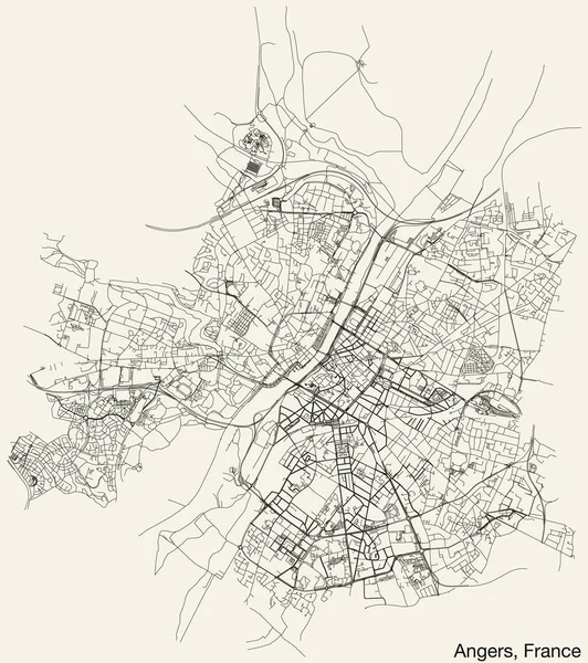 Fransa 'nın ANGERS kentinin elle çizilmiş yol haritası, katı yol çizgileri ve klasik arka planda isim etiketi bulunan FRANCE