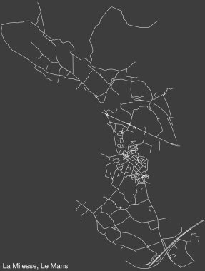 Fransa 'nın Fransız şehri LE MANS' ın Los Angeles MILESSE COMUNE haritasının ayrıntılı elle çizilmiş yol çizimleri ve sağlam arka planda isim etiketi