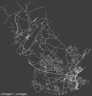 Fransa 'nın LIMOGES kentinin LIMOGES-1 CANTON kentsel yol haritasının ayrıntılı elle çizilmiş yol çizimleri ve sağlam arka planda isim etiketi