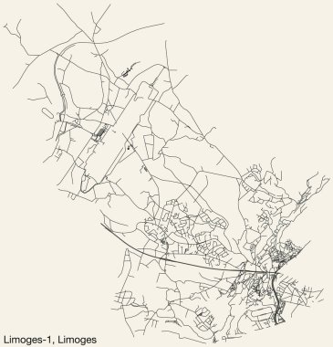 Fransa 'nın LIMOGES kentinin LIMOGES-1 CANTON kentsel yol haritasının ayrıntılı elle çizilmiş yol çizimleri ve sağlam arka planda isim etiketi