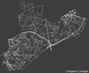 Fransa 'nın LIMOGES şehrinin LIMOGES-8 CANTON kentsel yol haritasının ayrıntılı elle çizilmiş yol çizimleri ve sağlam arka planda isim etiketi