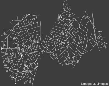 Fransa 'nın LIMOGES kentinin LIMOGES-3 CANTON kentsel yol haritasının ayrıntılı elle çizilmiş yol çizimleri ve sağlam arka planda isim etiketi