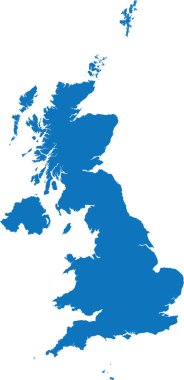 BLUE CMYK rengi, şeffaf arkaplan üzerine Avrupa 'nın UNITED KINGDOM ülkesinin ayrıntılı düz şablon haritası