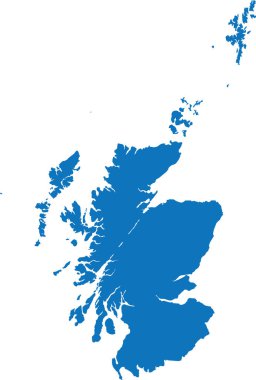Avrupa ülkesi SCOTLAND 'ın şeffaf arkaplan üzerindeki mavi CMYK rengi ayrıntılı düz şablon haritası
