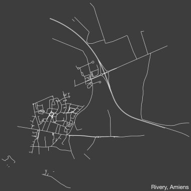 Fransa 'nın AMIENS kentinin RIVERY COMUNE haritasının ayrıntılı elle çizilmiş yol çizimleri ve sağlam arka planda isim etiketi