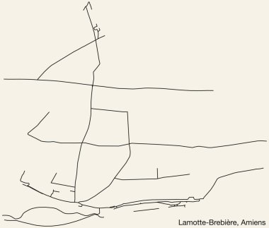 Fransa 'nın AMIENS şehrinin LAMOTTE-BREBIRE COMUNE haritasının ayrıntılı elle çizilmiş yol haritası ve sağlam arka plan üzerinde isim etiketi