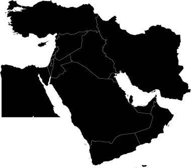 MIDDLE EAST bölgesinin (ülke sınırları ile birlikte) şeffaf arkaplan üzerinde siyah CMYK rengi ayrıntılı düz şablon haritası