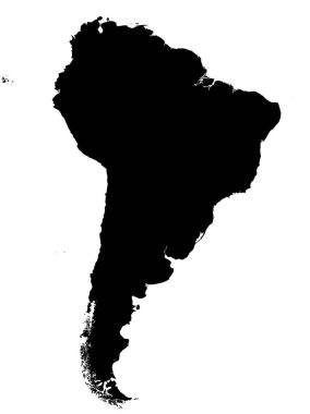 Güney Amerika kıtasının şeffaf arkaplan üzerindeki siyah CMYK rengi ayrıntılı düz şablon haritası