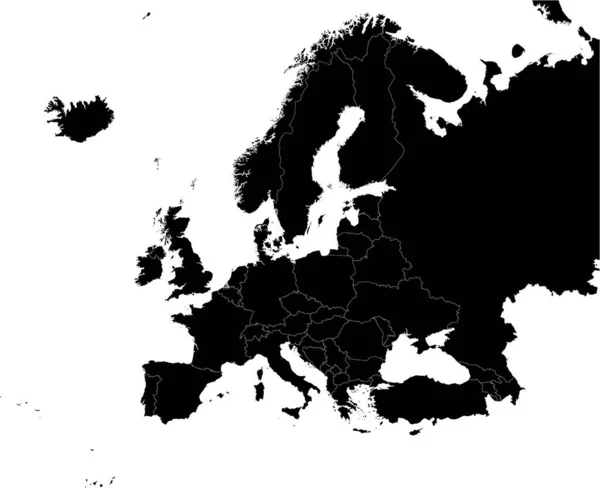 Black Cmyk Kolor Szczegółowy Płaski Szablon Mapy Kontynentu Europejskiego Przejrzystym — Wektor stockowy