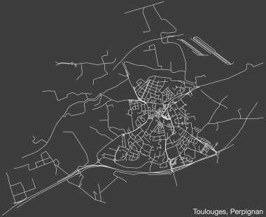 Fransa 'nın PerPIGNAN kentinin TOULOUGES COMUNE haritasının ayrıntılı elle çizilmiş yol haritası ve sağlam arka plan üzerinde isim etiketi