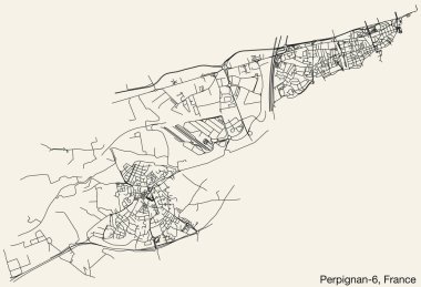 Fransa 'nın PERPIGNAN kentinin perpIGNAN-6 CANTON haritasının ayrıntılı elle çizilmiş yol çizimleri ve sağlam arka plan üzerinde isim etiketi