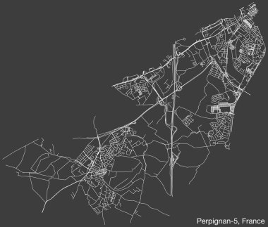 Fransa 'nın PERPIGNAN kentinin perpIGNAN-5 CANTON haritasının ayrıntılı elle çizilmiş yol çizimleri ve sağlam arka plan üzerinde isim etiketi