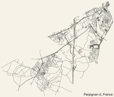 Fransa 'nın PERPIGNAN kentinin perpIGNAN-5 CANTON haritasının ayrıntılı elle çizilmiş yol çizimleri ve sağlam arka plan üzerinde isim etiketi