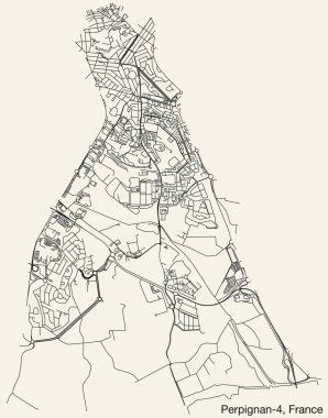 Fransa 'nın PERPIGNAN kentinin perpIGNAN-4 CANTON haritasının ayrıntılı elle çizilmiş yol çizimleri ve sağlam arka plan üzerinde isim etiketi