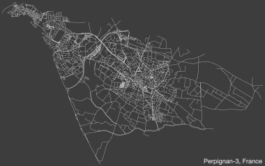 Fransa 'nın PERPIGNAN kentinin perpIGNAN-3 CANTON haritasının ayrıntılı elle çizilmiş yol çizimleri ve sağlam arka plan üzerinde isim etiketi