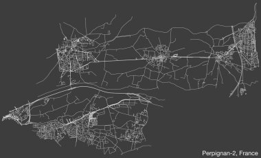 Fransa 'nın PERPIGNAN kentinin perpIGNAN-2 CANTON haritasının ayrıntılı elle çizilmiş yol çizimleri ve sağlam arka plan üzerinde isim etiketi