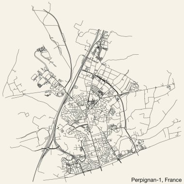 Fransa 'nın PERPIGNAN kentinin perpIGNAN-1 CANTON' unun ayrıntılı elle çizilmiş yol haritası ve sağlam arka plan üzerinde isim etiketi