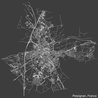 Fransa 'nın PerPIGNAN kentinin elle çizilmiş yol haritası, katı yol çizgileri ve klasik arka planda isim etiketi ile