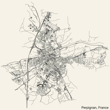 Fransa 'nın PerPIGNAN kentinin elle çizilmiş yol haritası, katı yol çizgileri ve klasik arka planda isim etiketi ile