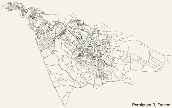 Fransa 'nın PERPIGNAN kentinin perpIGNAN-3 CANTON haritasının ayrıntılı elle çizilmiş yol çizimleri ve sağlam arka plan üzerinde isim etiketi