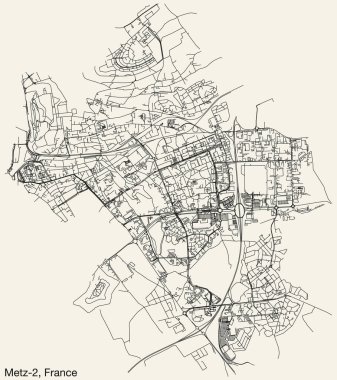 Fransa 'nın METZ kentinin METZ-2 CANTON kentsel yol haritasının ayrıntılı elle çizilmiş yol çizimleri ve sağlam arka planda isim etiketi