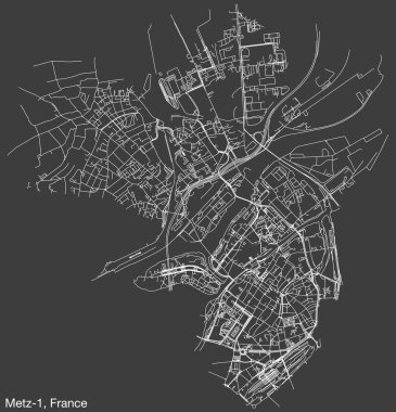 Fransa 'nın METZ kentinin METZ-1 CANTON kentsel yol haritasının ayrıntılı elle çizilmiş yol çizimleri ve sağlam arka planda isim etiketi