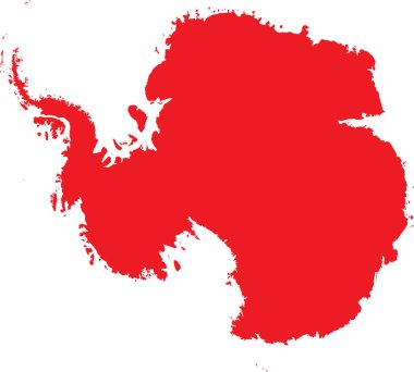 Saydam arkaplan üzerinde ANTARCTICA (GÜNEY POLE) kıtasının ayrıntılı düz şablon haritası kırmızı CMYK rengi