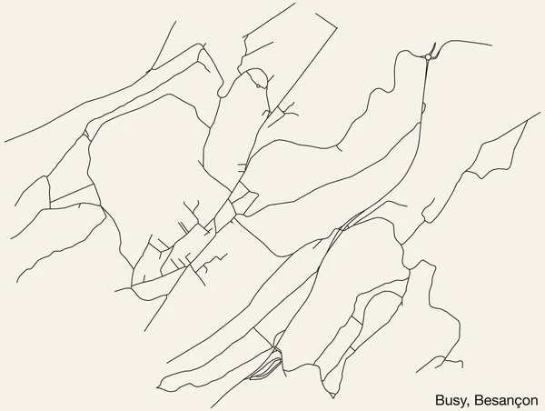 フランスの都市Busy Communeの詳細な手描きのナビゲーション都市の道路マップ フランス 鮮やかな道路線と固体背景に名前タグ — ストックベクタ