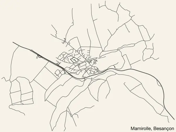 フランスの都市 フランスのMamirolle Communeの詳細な手描きのナビゲーション都市の道路マップ 鮮やかな道路線と固体背景に名前タグ — ストックベクタ