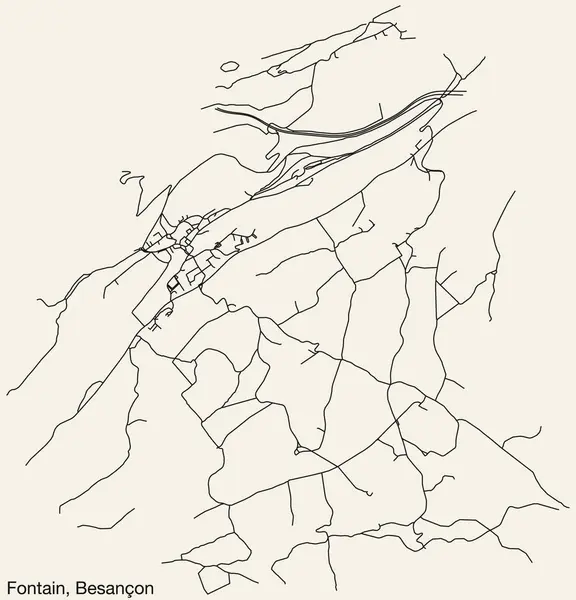 フランスのフランスの都市フォンタインCommuneの詳細な手描きのナビゲーション都市道路マップ フランス 鮮やかな道路線と固体背景に名前タグ — ストックベクタ
