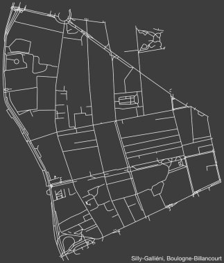 Fransa 'nın BOULOGNE-BILLANCOURT kentinin SILLY GALLINY GALBOURHOOD haritasının ayrıntılı elle çizilmiş yol haritası ve sağlam arka plan üzerinde isim etiketi