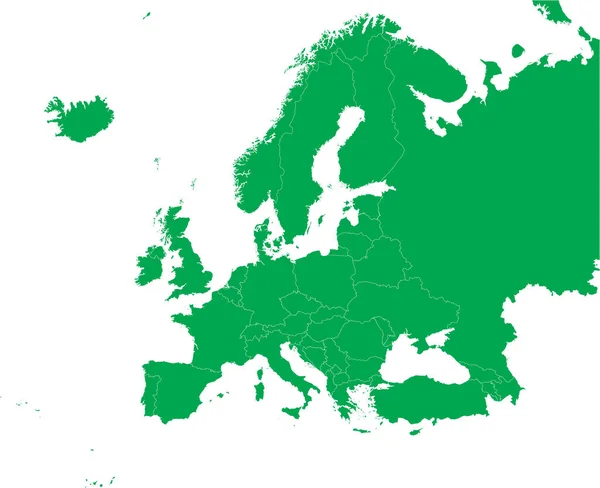 绿色Cmyk在透明背景下绘制的欧洲大陆 有国家边界 的详细平面模板图 — 图库矢量图片