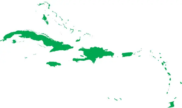 Groene Cmyk Kleur Gedetailleerde Platte Stencilkaart Van Regio Caribbean Islands — Stockvector